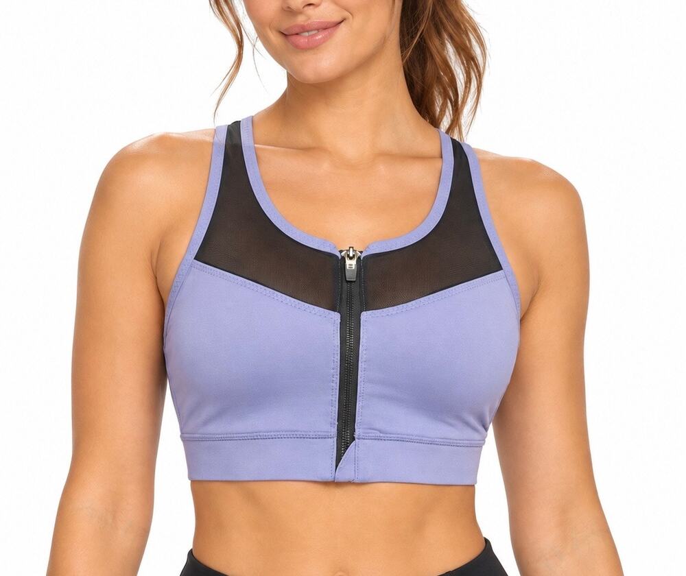 Handful The Closer Purple Black Mesh Zip Front Sports Bra Size Medium